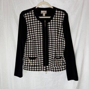 Joseph Ribkoff Jacket Houndstooth Black White Stretch Zip Up Abstract 12 US